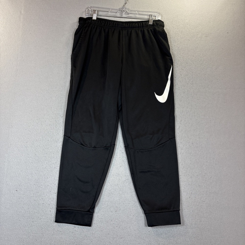 Nike Dri-FIT Pants Mens Large Black Knit Track Joggers Big Swoosh Hem 32X28